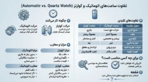 جدول مقایسه ساعت اتوماتیک و کوارتز برای انتخاب بهترین نوع موتور ساعت مچی
