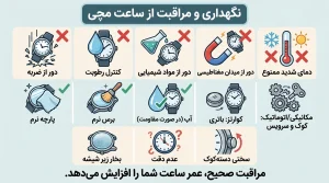 نکات مهم مراقبت از ساعت مچی شامل جلوگیری از ضربه، رطوبت، مواد شیمیایی و دمای شدید