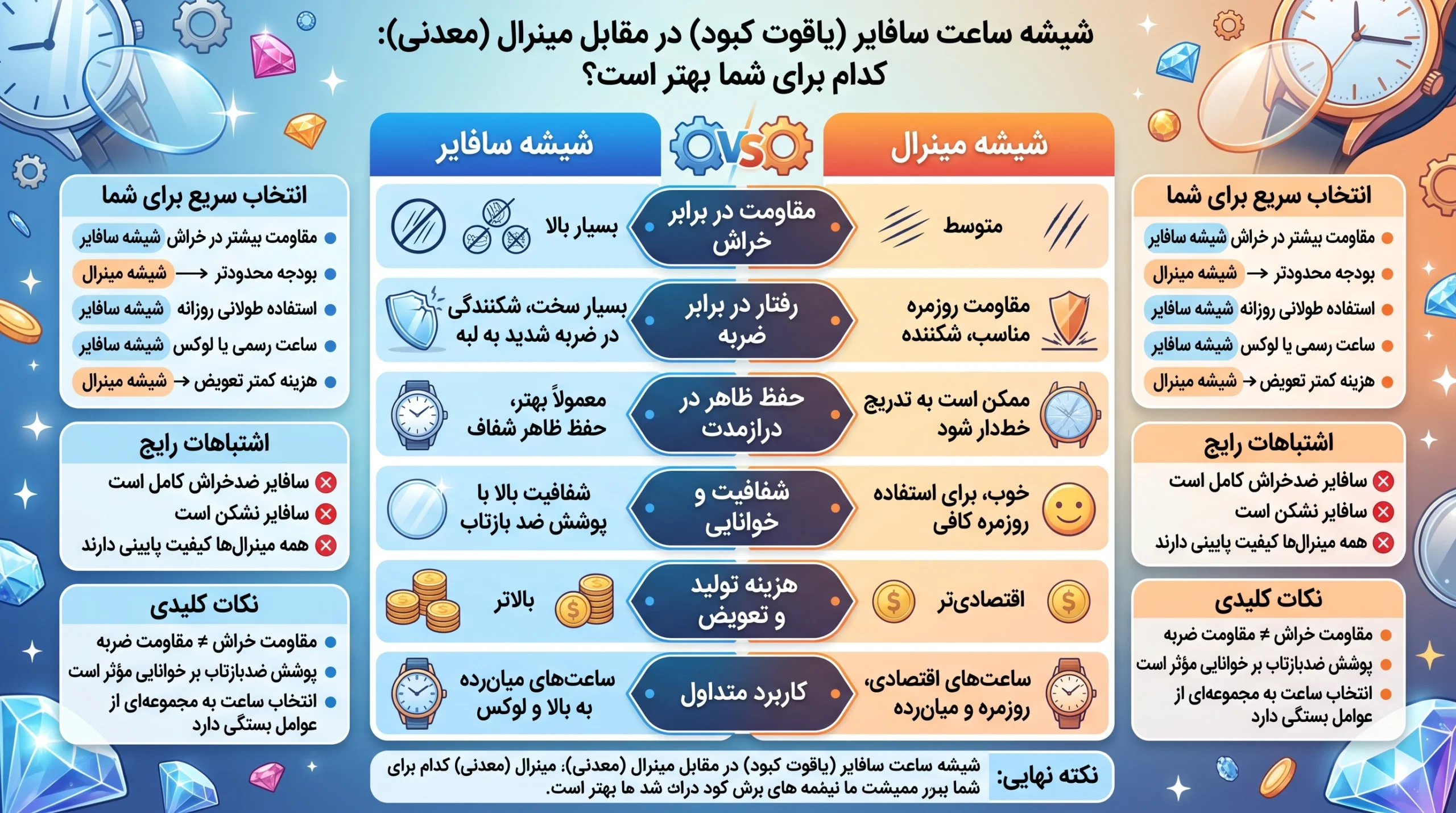 اینفوگرافیک مقایسه شیشه سافایر و معدنی ساعت از نظر مقاومت در برابر خش، ضربه، قیمت و کاربرد
