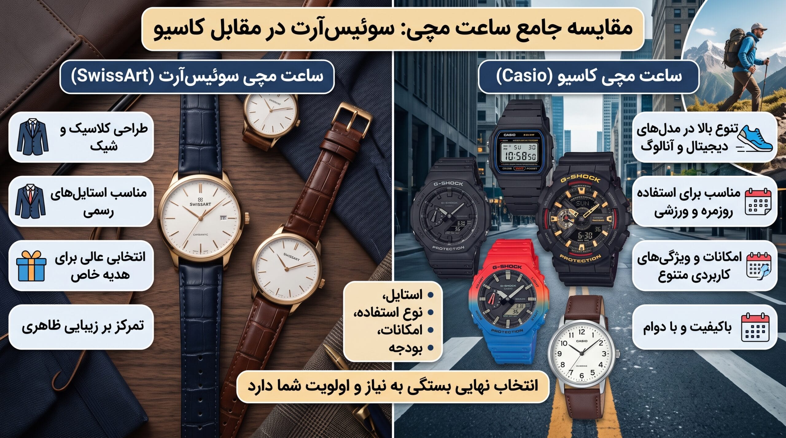 مقایسه ساعت مچی SwissArt و Casio از نظر استایل، کاربرد روزمره، امکانات و تنوع مدل‌ها