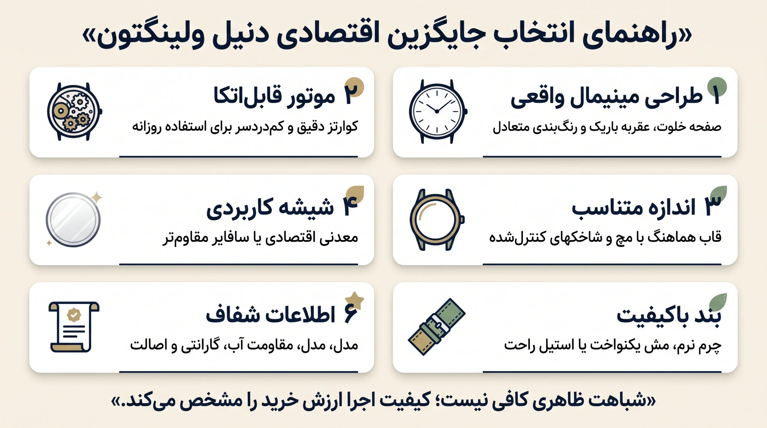 اینفوگرافیک شش معیار انتخاب ساعت مینیمال ارزان‌تر از دنیل ولینگتون