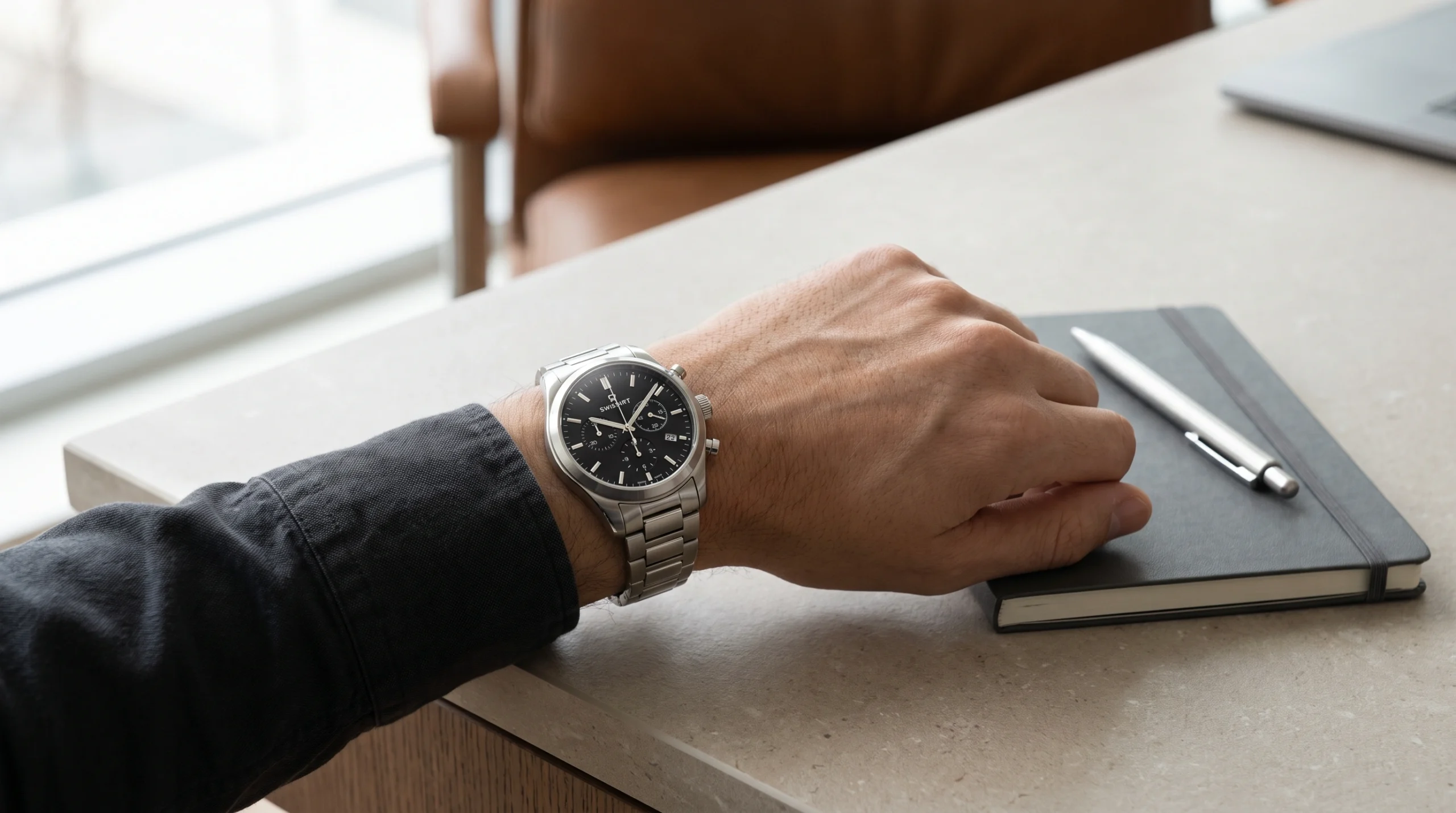 Man wearing wristwatch workspace