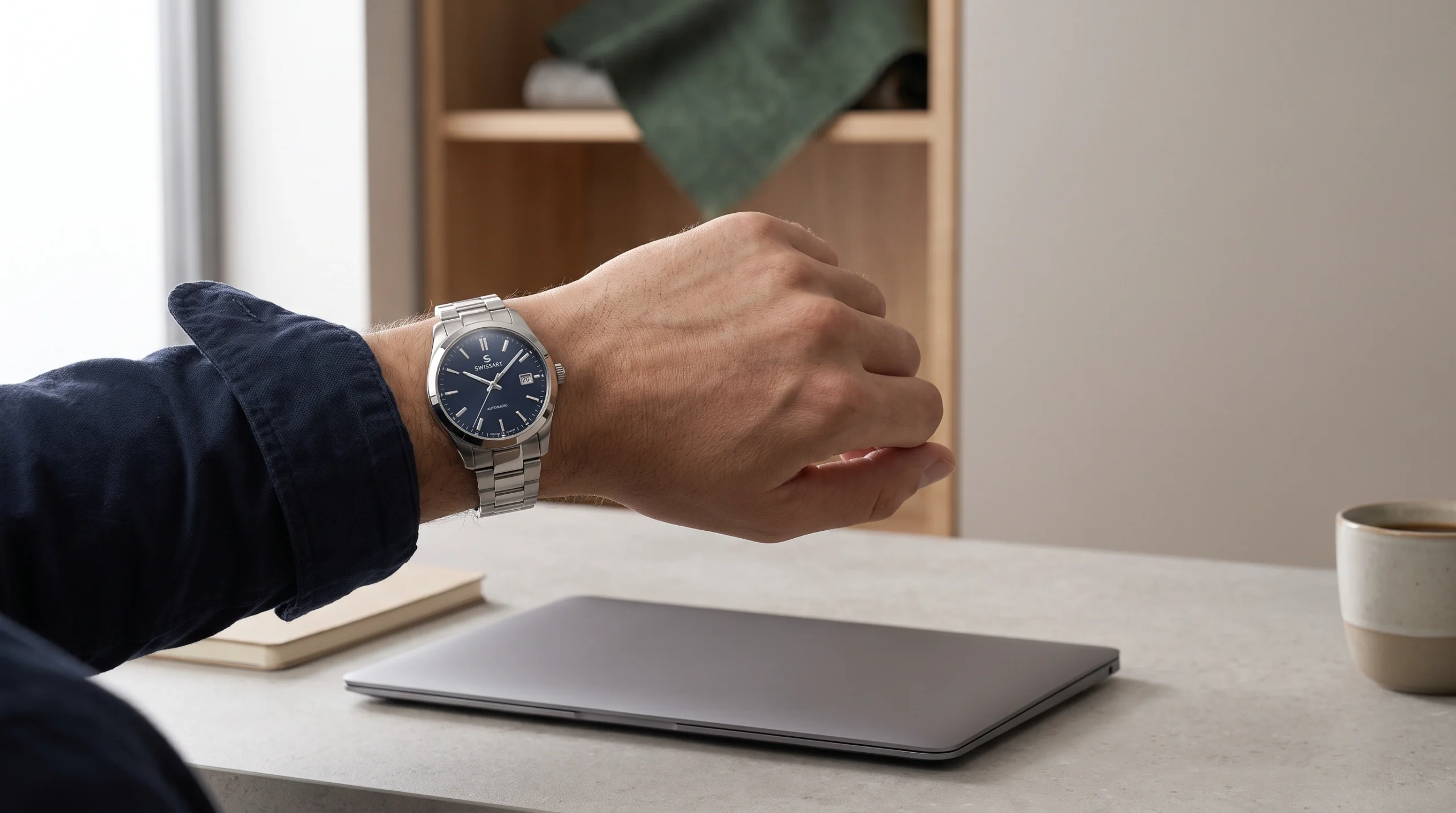 Man wearing wristwatch workspace 