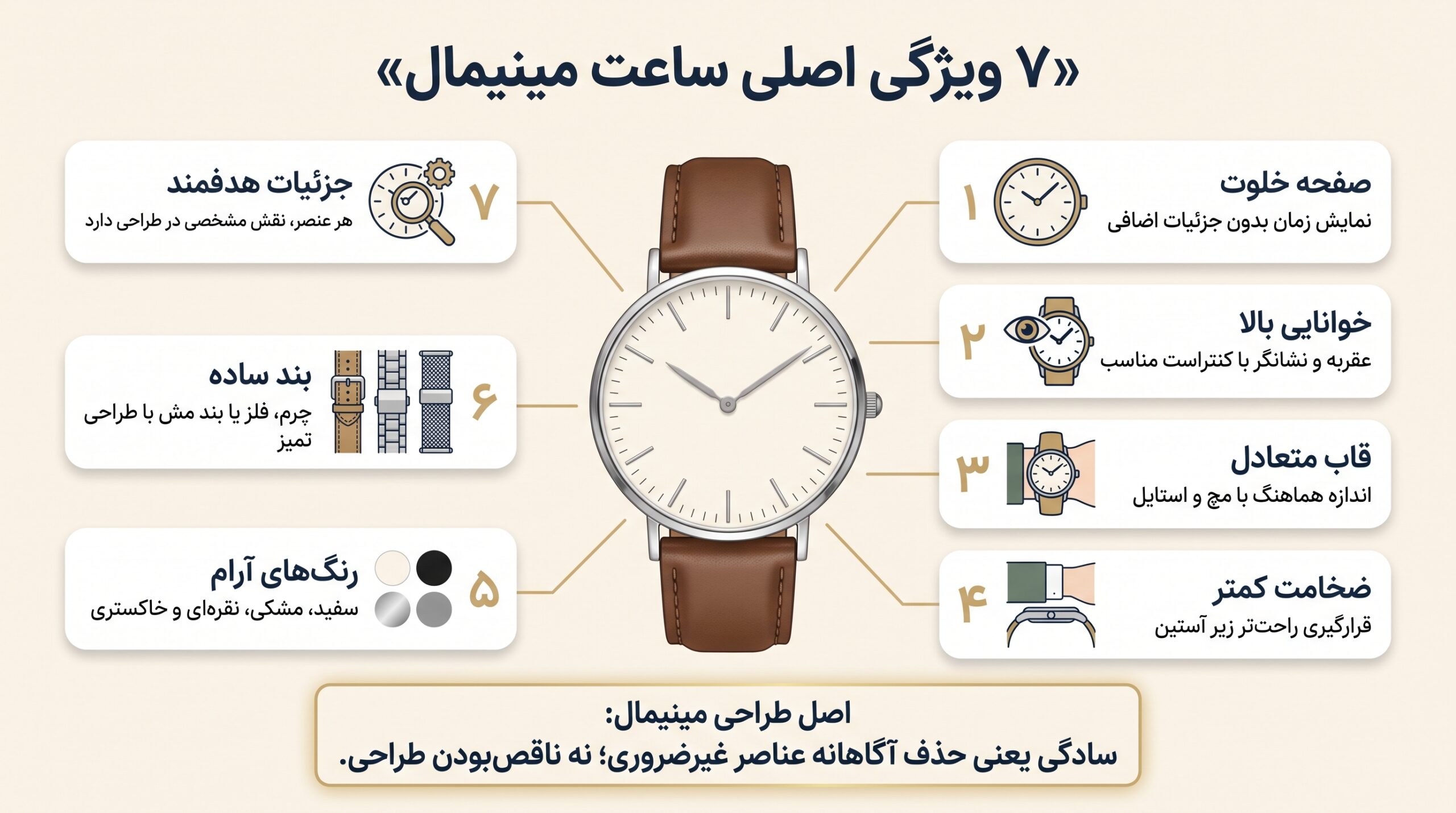 اینفوگرافیک هفت ویژگی ساعت مینیمال شامل صفحه خلوت، قاب باریک و بند ساده