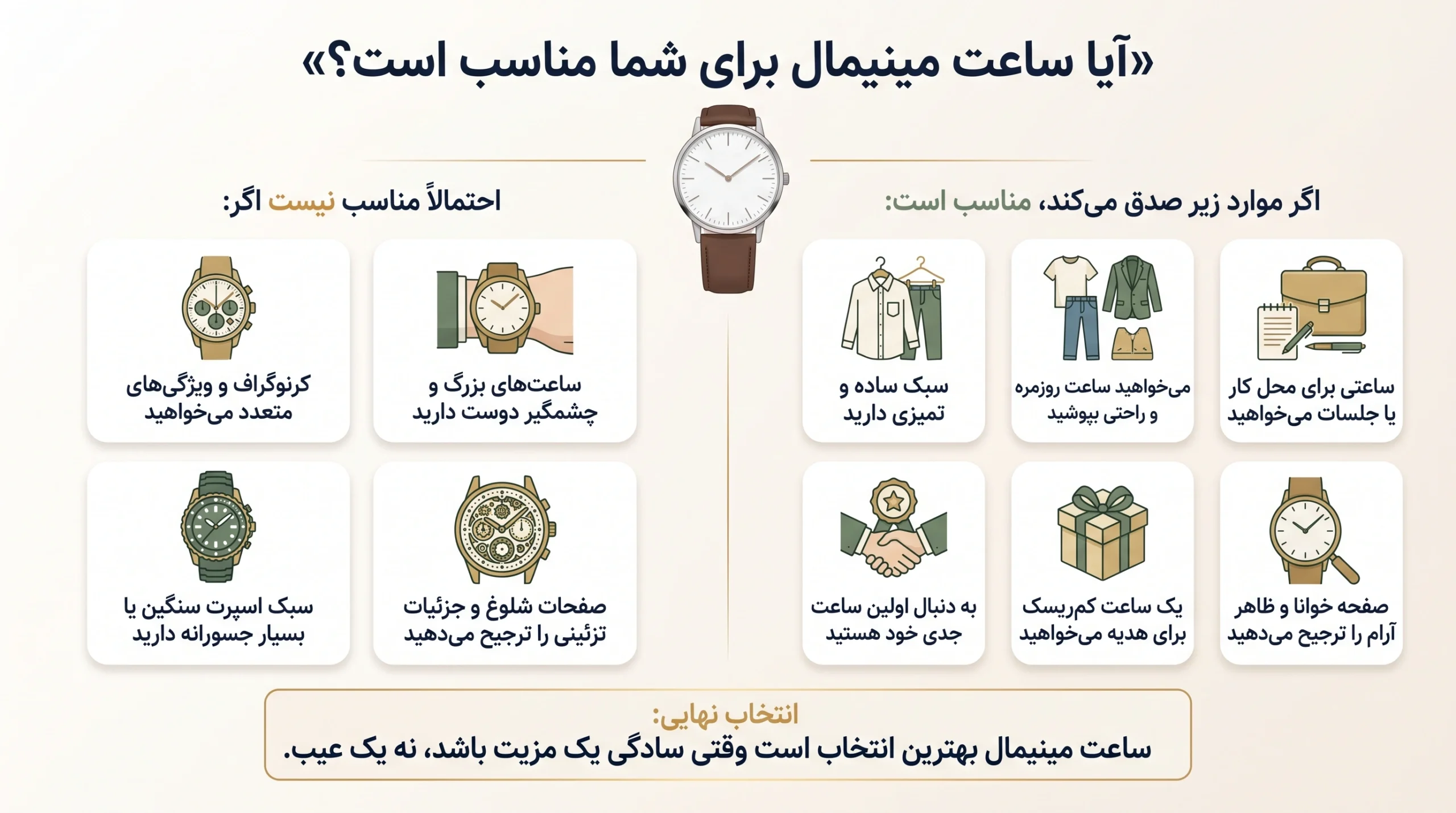 اینفوگرافیک تشخیص مناسب بودن ساعت مینیمال براساس استایل و نیاز کاربر