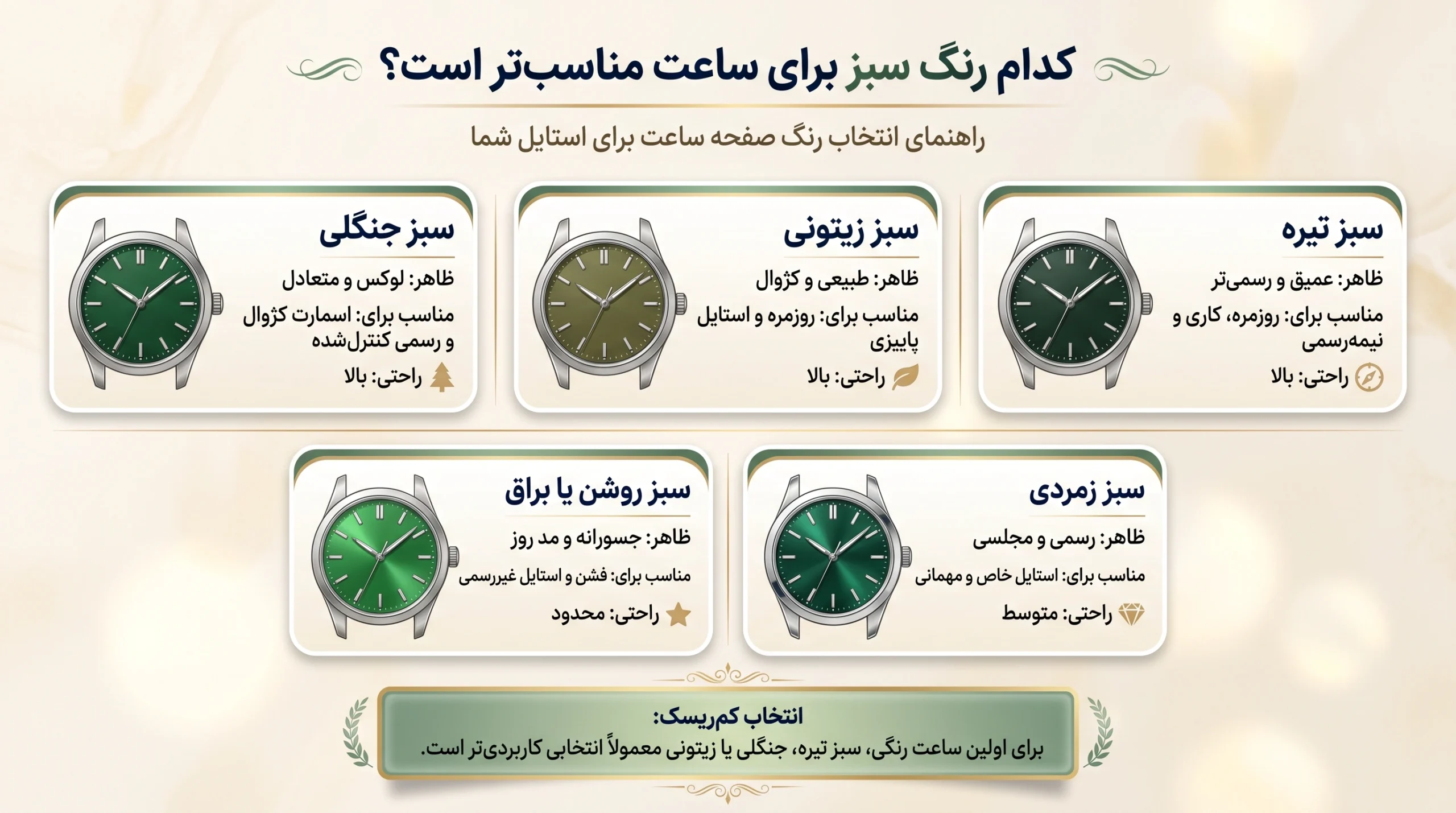 اینفوگرافیک مقایسه صفحه ساعت سبز تیره، زیتونی، جنگلی، زمردی و روشن