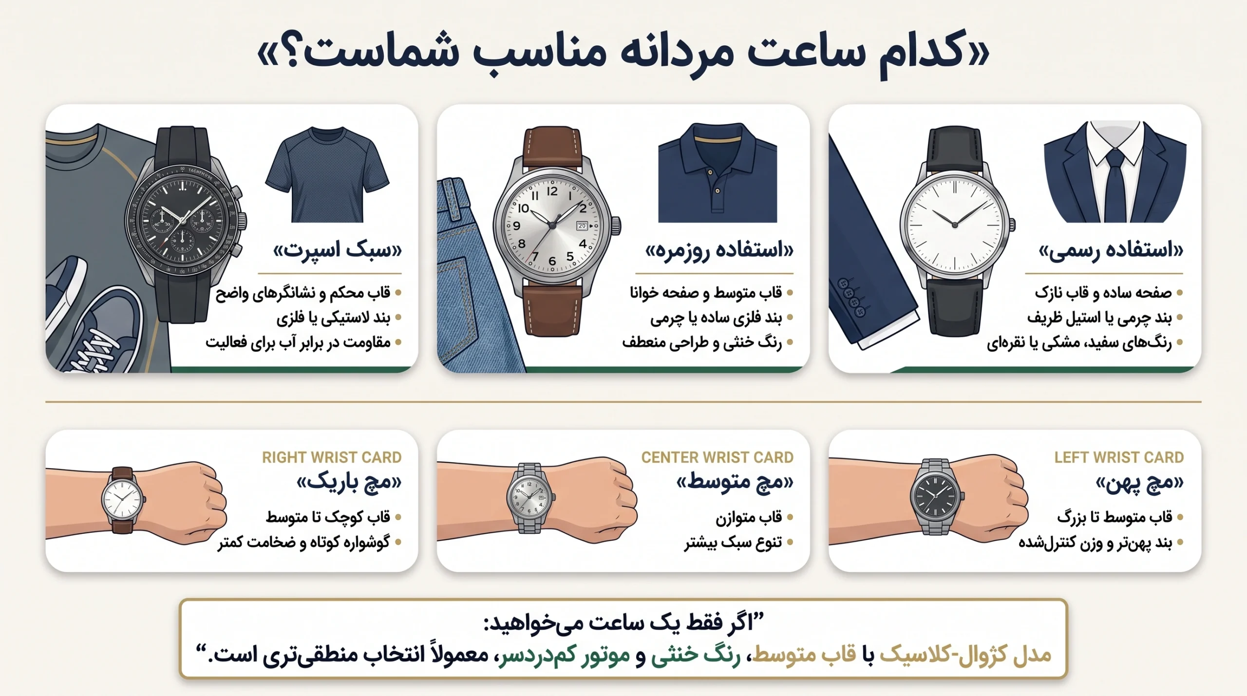 اینفوگرافیک انتخاب ساعت مردانه براساس استایل رسمی، روزمره، اسپرت و اندازه مچ