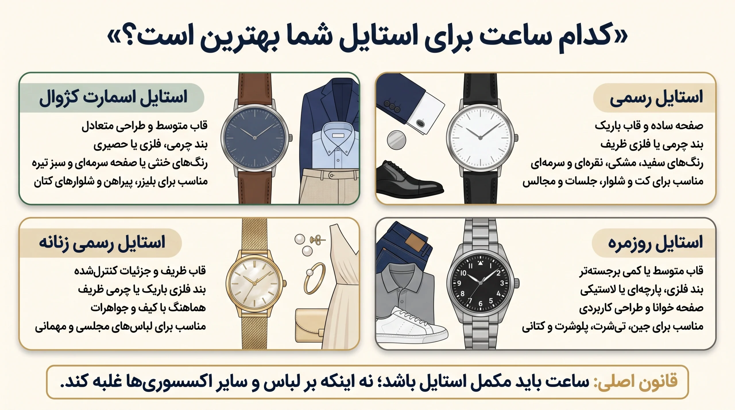 اینفوگرافیک انتخاب ساعت مناسب برای استایل رسمی، اسمارت کژوال، روزمره و مجلسی