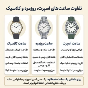 اینفوگرافیک مقایسه ساعت اسپرت، کژوال و کلاسیک از نظر طراحی، بند و میزان رسمیت