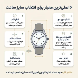 اینفوگرافیک معیارهای انتخاب سایز ساعت شامل دور مچ، قطر قاب، لاج تا لاج و ضخامت
