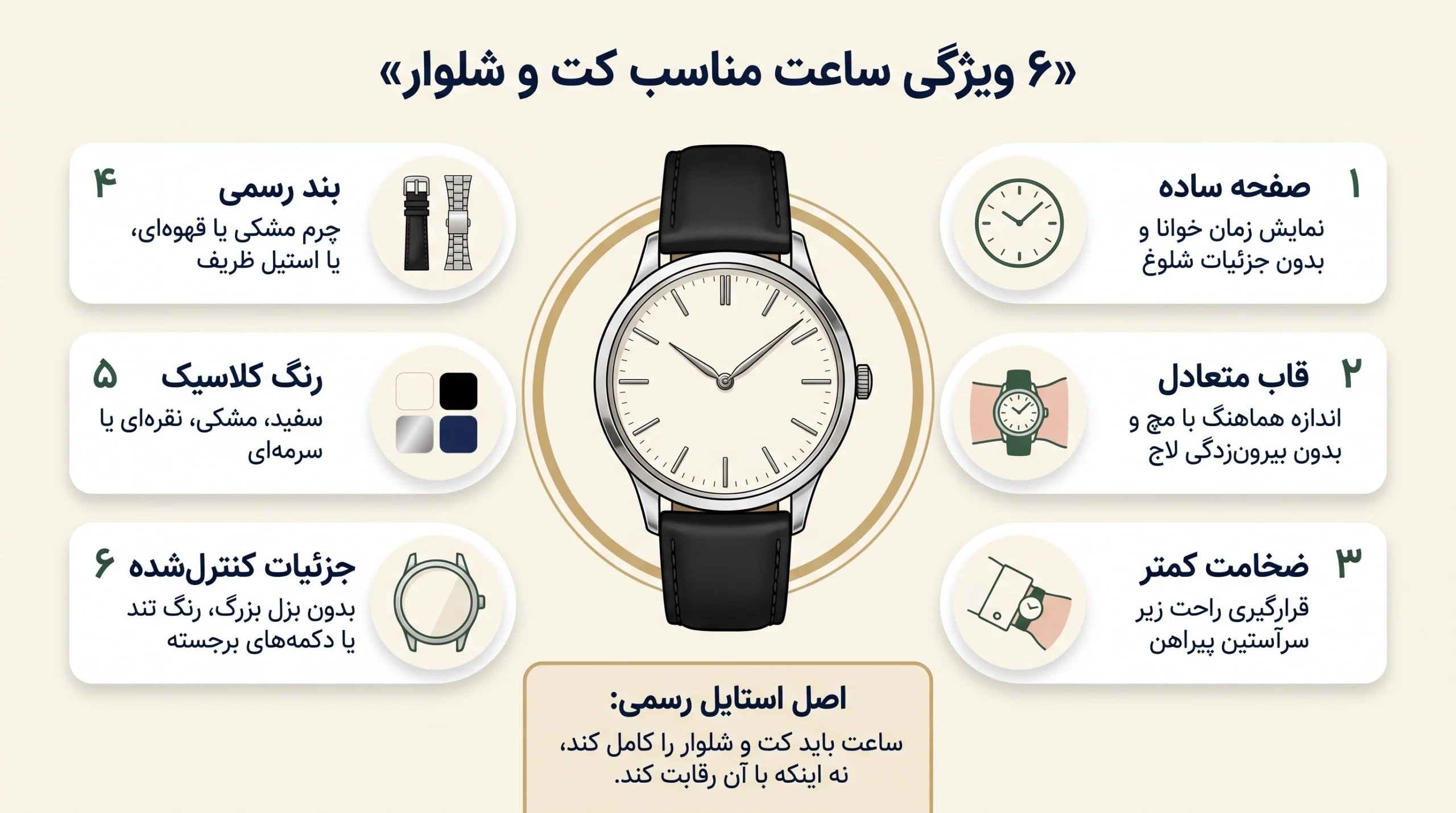اینفوگرافیک شش ویژگی ساعت مناسب کت و شلوار و استایل رسمی مردانه
