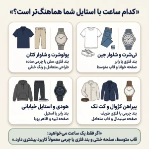 اینفوگرافیک انتخاب ساعت برای تی‌شرت و جین، پولوشرت، کت تک و استایل خیابانی
