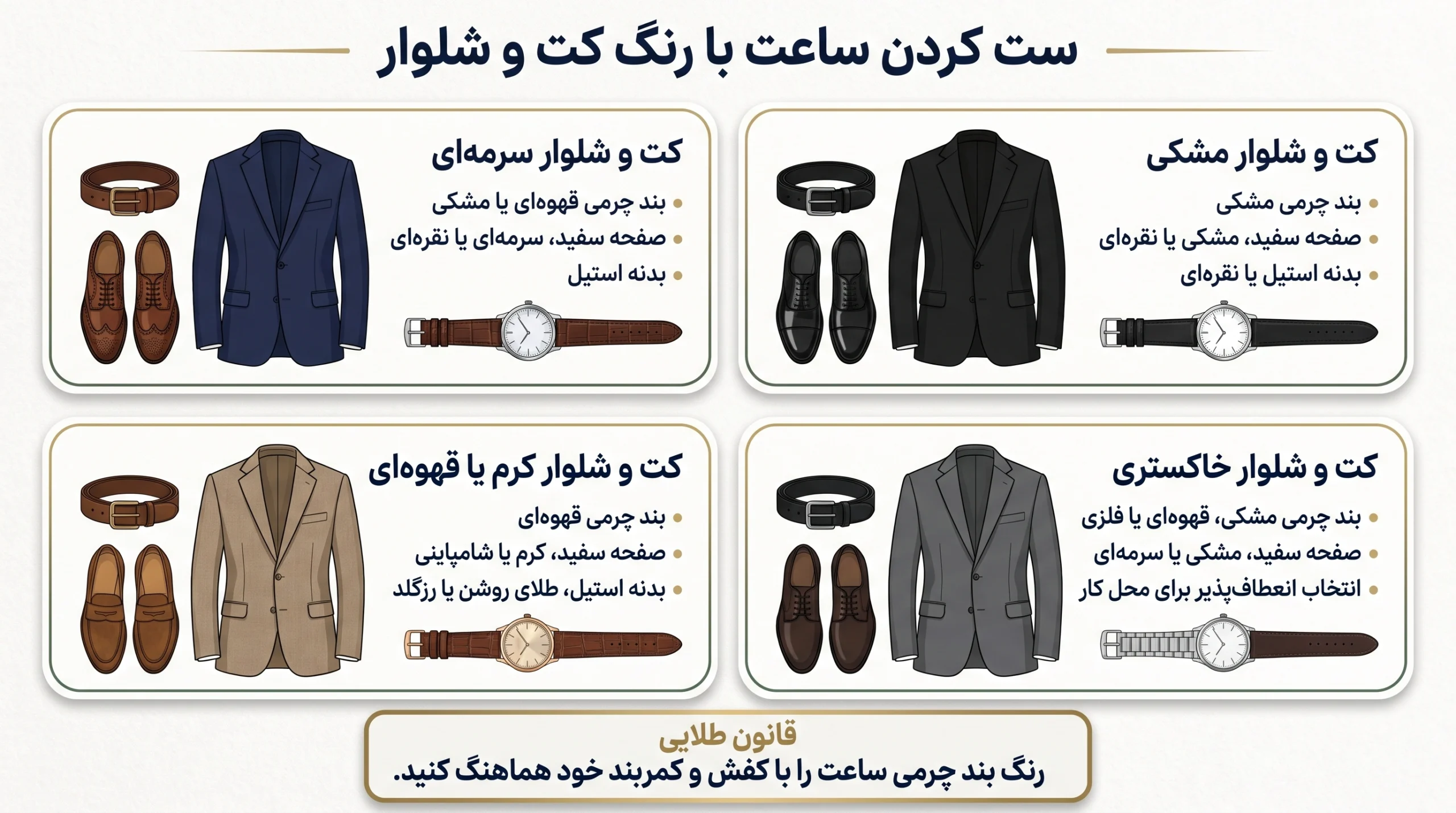 اینفوگرافیک ست‌کردن رنگ ساعت با کت و شلوار مشکی، سرمه‌ای، طوسی و بژ