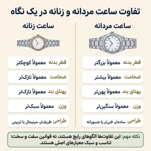 اینفوگرافیک تفاوت ساعت مردانه و زنانه از نظر قطر قاب، ضخامت، بند و طراحی