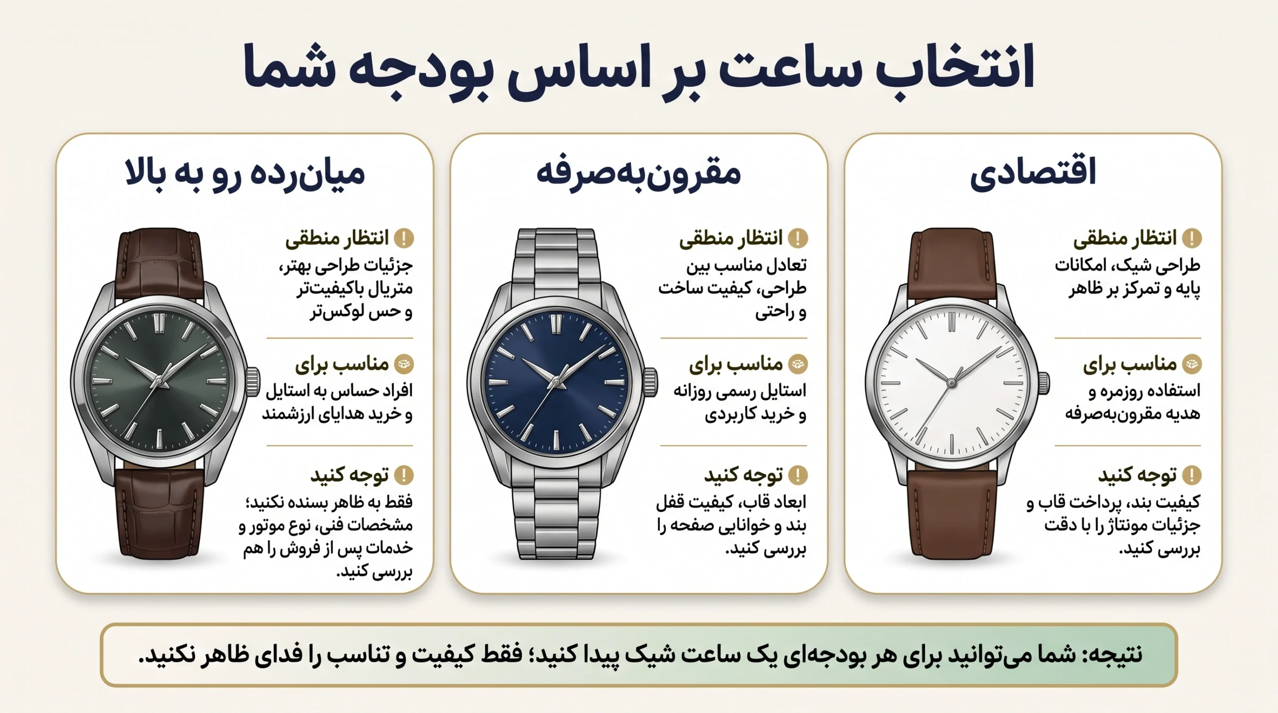 اینفوگرافیک مقایسه ساعت اقتصادی، میان‌رده اقتصادی و میان‌رده بالاتر