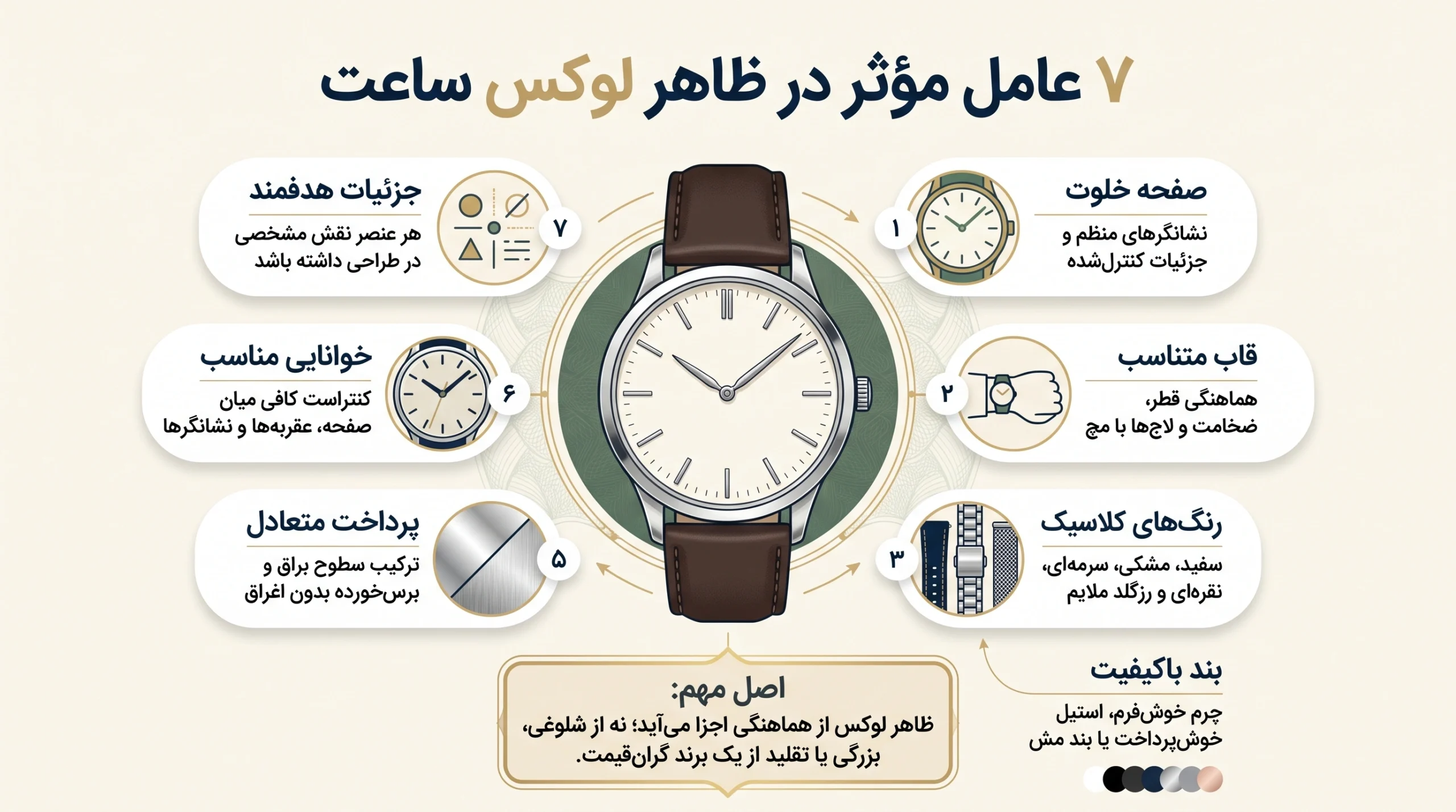 اینفوگرافیک عوامل ظاهر لوکس ساعت شامل صفحه خلوت، قاب متناسب و بند باکیفیت