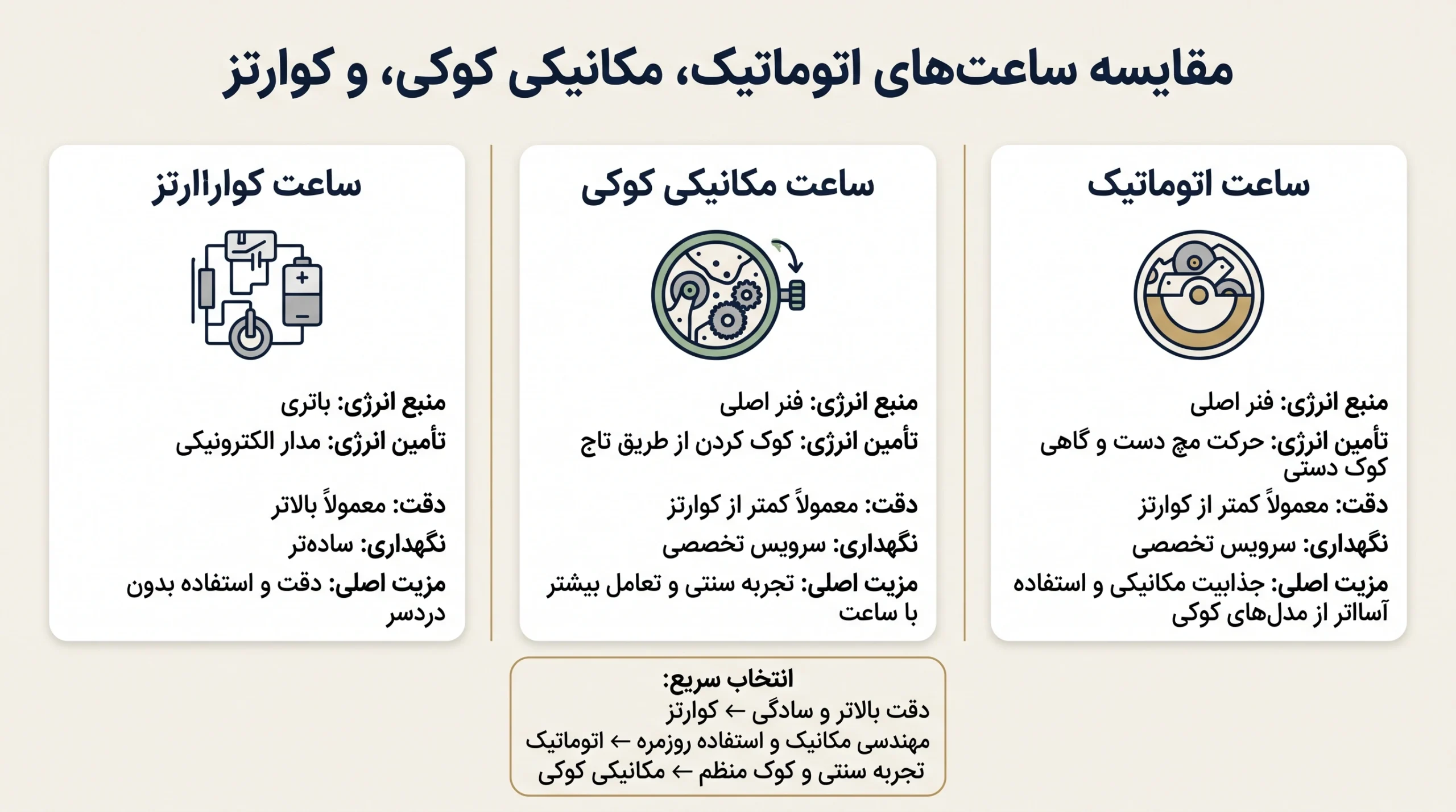 اینفوگرافیک مقایسه ساعت اتوماتیک، مکانیکی دستی و کوارتز از نظر انرژی، دقت و نگهداری